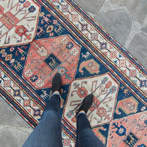 Antique Karabagh 3’9” x 8'75" Rug Armenian Figural Motif Navy Salmon Handwoven Wool Distressed Oushak Runner 1920's - FREE DOMESTIC SHIPPING