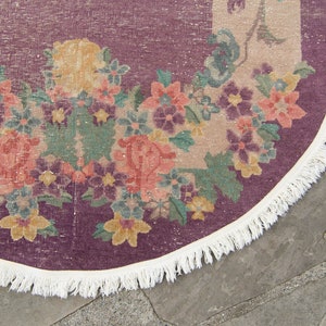 Vintage 46 x 73 Oval Rug Chinese Botanical Design Plum Blush Hand Knotted Pile Distressed Rug 1930s FREE DOMESTIC SHIPPING image 6