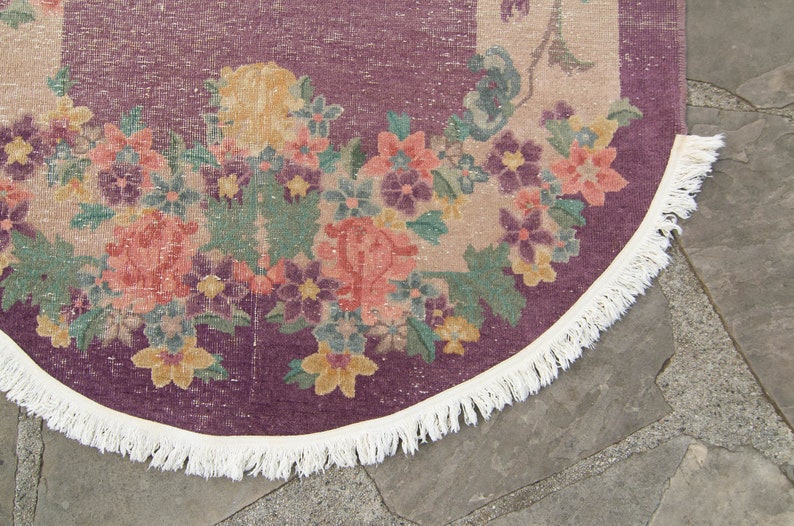 Vintage 46 x 73 Oval Rug Chinese Botanical Design Plum Blush Hand Knotted Pile Distressed Rug 1930s FREE DOMESTIC SHIPPING image 6