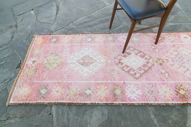 Vintage 210.5 x 126 Runner Hand Knotted Distressed Geometric Medallion Pink Wool Low Pile Runner FREE DOMESTIC SHIPPING image 5