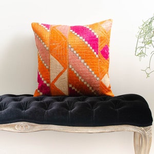 Antique Indian Phulkari Silk Hand Embroidered Linen Square Orange Pillowcase Accent Pillow Cushion 1920s image 7