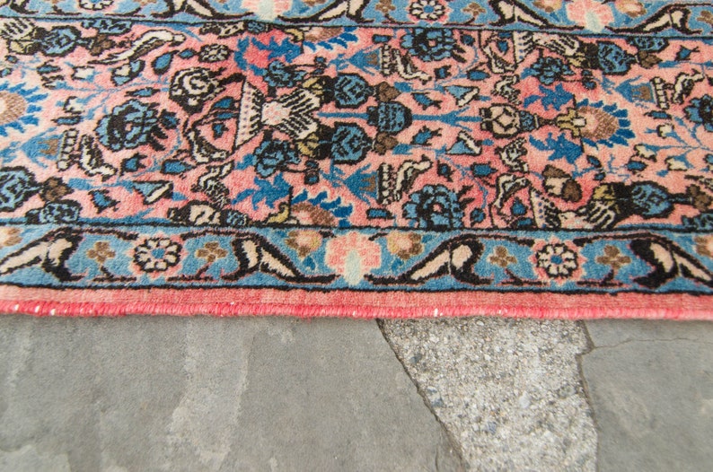 Vintage 4'6 x 6'7 Rug Allover Floral Figural Design Bubble Gum Ink Blue Wool Cotton Pile Hand-Knotted Rug 1930s FREE DOMESTIC SHIPPING image 9