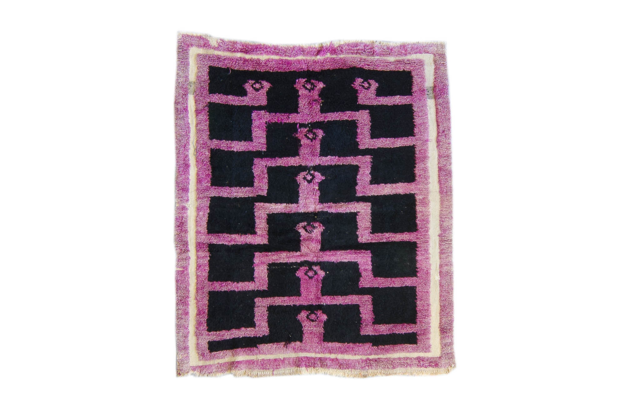 Vintage Tulu Rug 3'8.5 X 4'5 Handmade Anatolian Geometric Purple Black Wool Small Area Accent 1960's
