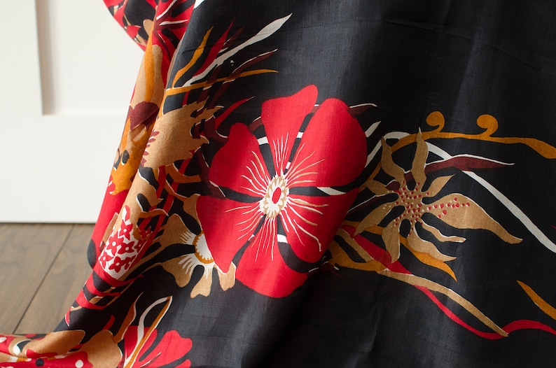 Vintage Silk Textile Black Fabric w/ Red Floral Motif 6 Yards image 3