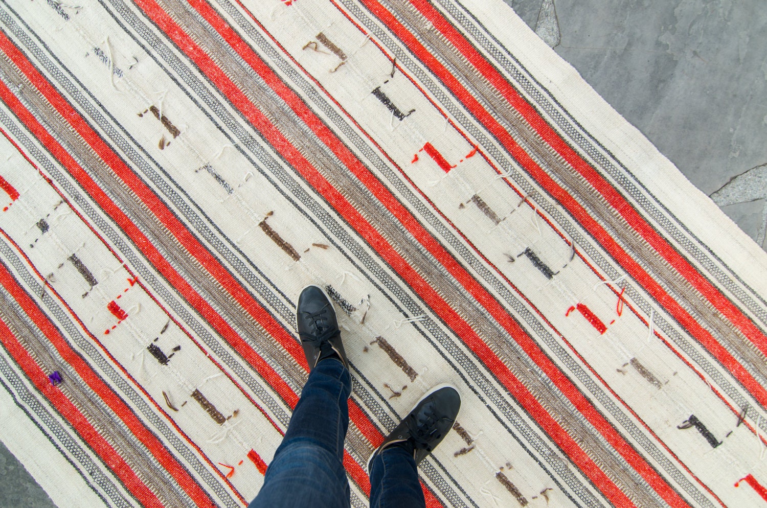 Vintage Anatolien 5'4.5 X 9'2 Rug Red Beige Wool Kilim Striped Pattern Flatwoven Adana - Livraison D