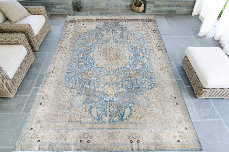 Antique 9'4 x 13'9 Hand Knotted Floral Medallion Beige Blue Rug Wool Low Pile Distressed Rug 1920s FREE DOMESTIC SHIPPING image 4