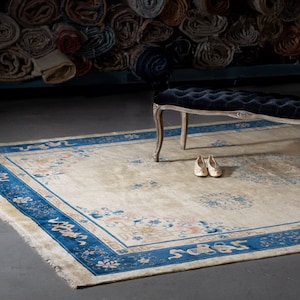 Antique 8’8” x 11’6” Art Deco Chinese Medallion Botanical Hand Knotted Beige Blue Pile Rug 1920s - FREE DOMESTIC SHIPPING