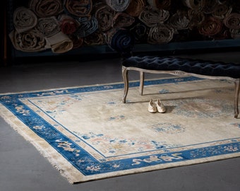 Op de afbeelding: Een crèmekleurig tapijt met een blauwe rand en een bloemenpatroon. Een zwarte fluwelen bank met zilveren poten staat op het tapijt. Twee witte schoenen liggen voor de bank.