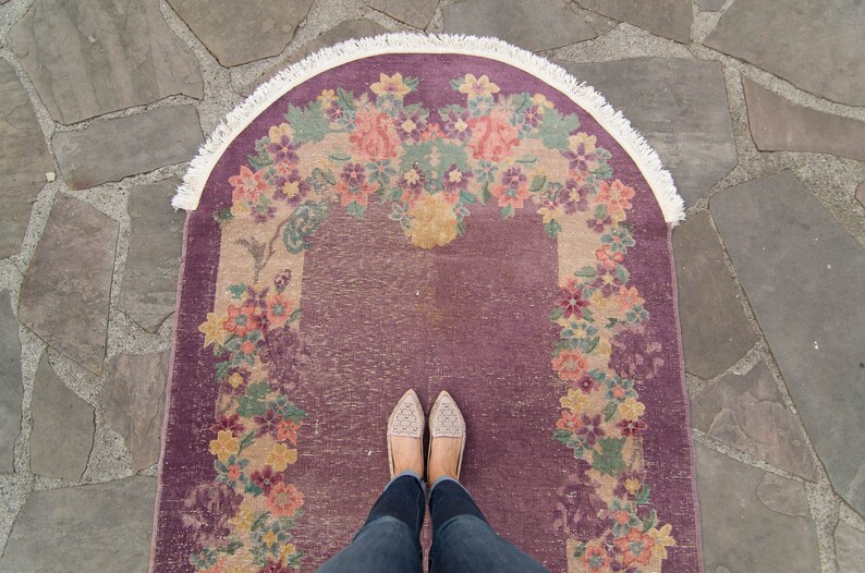 Vintage 46 x 73 Oval Rug Chinese Botanical Design Plum Blush Hand Knotted Pile Distressed Rug 1930s FREE DOMESTIC SHIPPING image 3