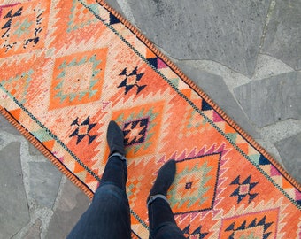 Vintage 2'1" x 11'6" Kurdish Rug Geometric Medallion Orange Pink Wool Pile Long Narrow Hand-Knotted Runner 1960s - FREE DOMESTIC SHIPPING