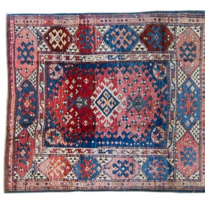 Antique 46 x 52 Rug Red Blue Çanakkale Geometric Small Area Accent Wool Hand-Knotted Rug 1910s FREE DOMESTIC SHIPPING image 2