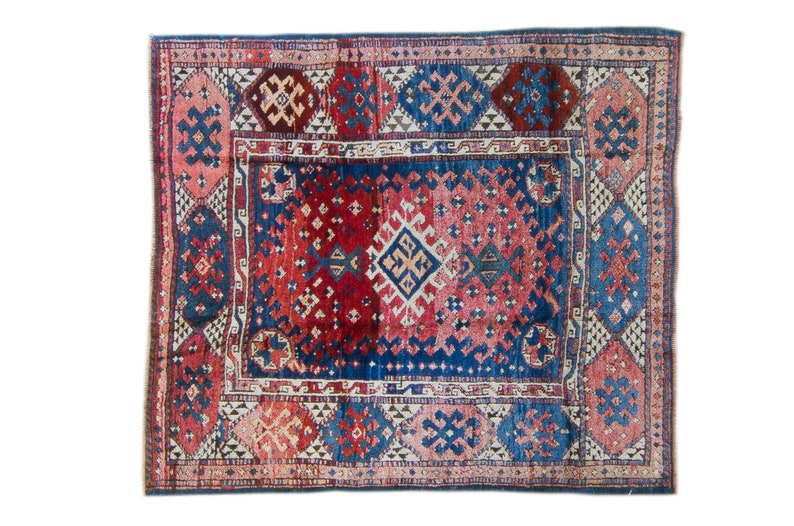 Antique 46 x 52 Rug Red Blue Çanakkale Geometric Small Area Accent Wool Hand-Knotted Rug 1910s FREE DOMESTIC SHIPPING image 2