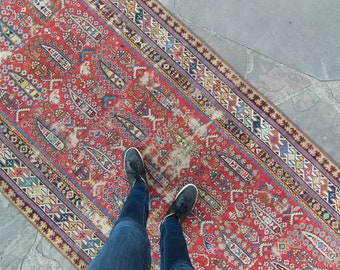 Antique 4’2.5” x 10’ Rug Distressed Geometric Floral Design Red Hand Knotted Wool Low Pile Runner 1900s - FREE DOMESTIC SHIPPING