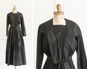 Antique Black Edwardian Downton Abbey Mourning Silk Button Two-Piece Dress Ensemble - 1900's