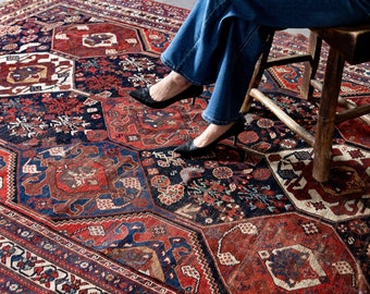 Antique 7’ x 9’4” Allover Geometric Figural Red Navy Ivory Hand Knotted Wool Low Pile Rug 1900s - FREE DOMESTIC SHIPPING