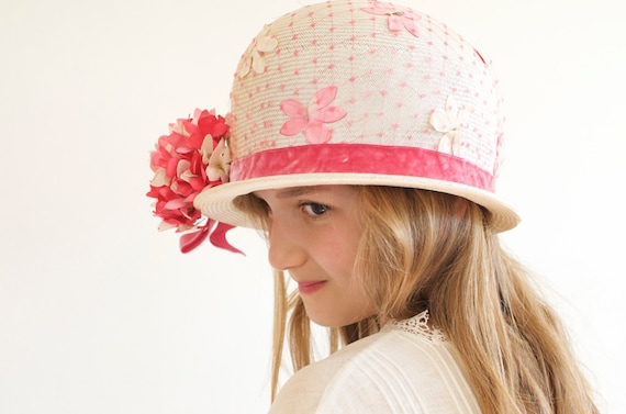 Vintage Woven Floral Pink Straw Hat Noreen - Mid … - image 1