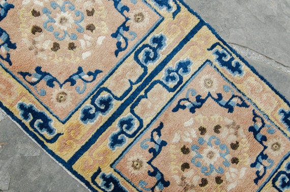 アンティーク寧夏ラグ 2' x 3'9インチ 手織り 青黄花柄 エリア