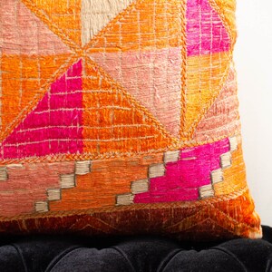 Antique Indian Phulkari Silk Hand Embroidered Linen Square Orange Pillowcase Accent Pillow Cushion 1920s image 4