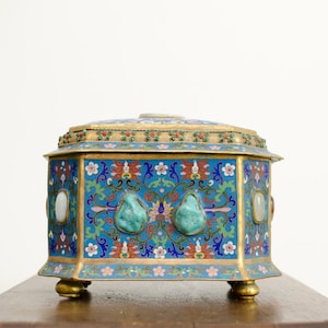 Rare Antique Chinese Jade & Gem Set Turquoise Cloisonné Enameled Gilt Large Treasure Chest w/ Lid