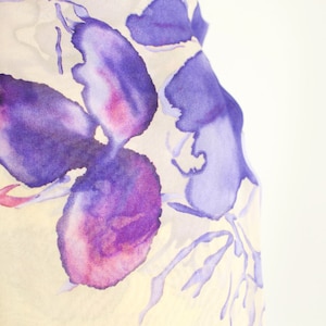 Vintage Scarf Hand Painted Lavender Pink Bisque Floral Bird Silk Chiffon Mod Scarf - Midcentury