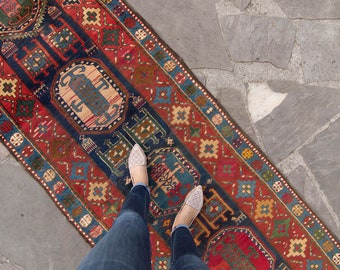 Antique 3'3" x 12'9" Medallion Rug Geometric Red Navy Hand-Knotted Wool Pile Runner 1910s - FREE DOMESTIC SHIPPING