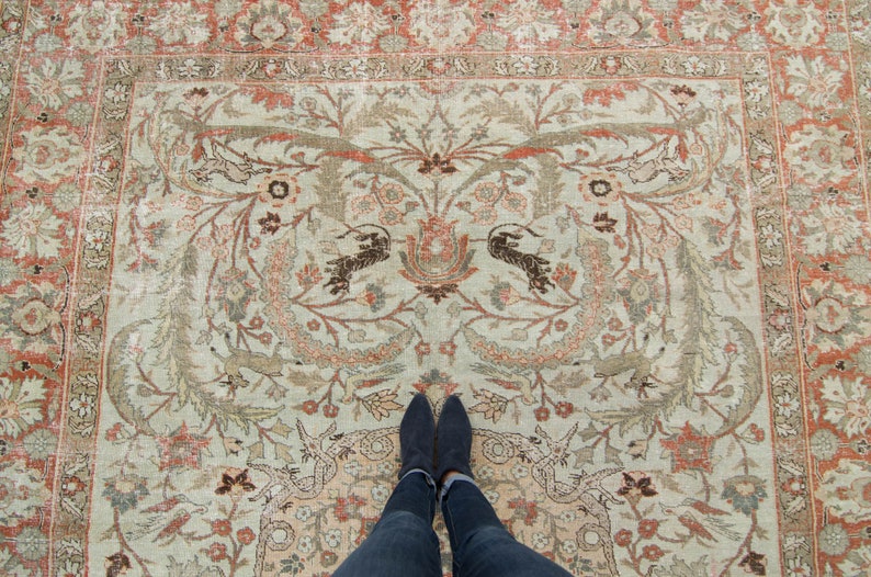 Antique 93 x 12'2 Hand Knotted Figural Medallion Beige Terra Cotta Low Pile Wool Tree of Life Rug 1920s FREE DOMESTIC SHIPPING image 3