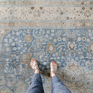 Antique 9'4 x 13'9 Hand Knotted Floral Medallion Beige Blue Rug Wool Low Pile Distressed Rug 1920s FREE DOMESTIC SHIPPING image 7