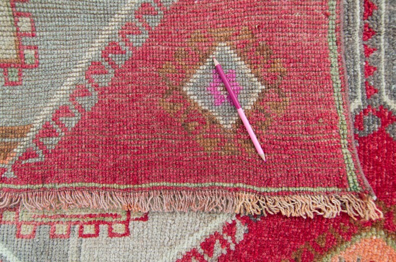 Vintage 4 x 157 Rug Lake Van Handwoven Geometric Medallion Red Wool Wide Hand-Knotted Runner 1960s FREE DOMESTIC SHIPPING image 9