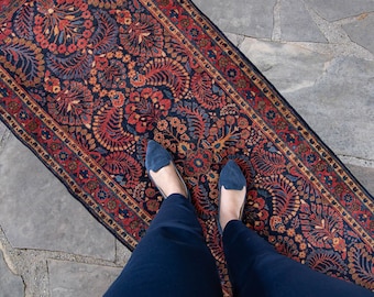 Antique 2’6” x 6’4” Botanical Medallion Navy Red Hand-Knotted Wool Pile Rug 1920s - FREE DOMESTIC SHIPPING