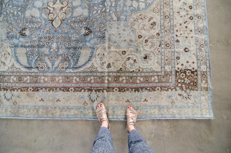 Antique 9'4 x 13'9 Hand Knotted Floral Medallion Beige Blue Rug Wool Low Pile Distressed Rug 1920s FREE DOMESTIC SHIPPING image 5