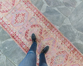 Vintage 2’9” x 9’8” Runner Red Pink Geometric Floral Distressed Wool Hand Knotted Low Pile Runner 1950's - FREE DOMESTIC SHIPPING