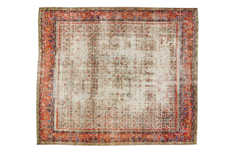 Antique 116 x 138 Large Allover Ziegler Design Rug Cream Ivory Burnt Orange Hand Knotted Wool Pile Rug 1900s FREE DOMESTIC SHIPPING image 2