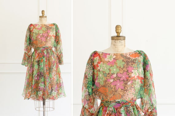 Vintage Floral Chiffon Miss Elliott Sheer Long Sle
