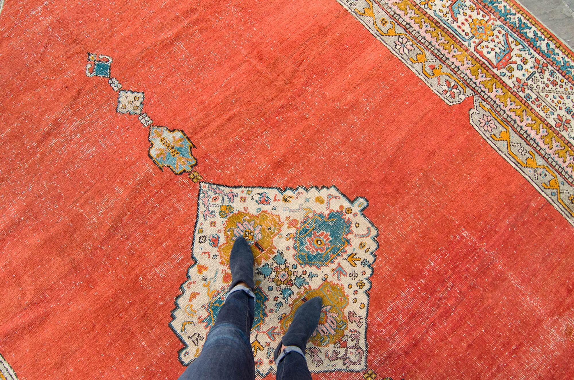 Antique 10'9 X 15' Oushak Tapis Main Noué Laine Détresse Médaillon Géométrique Rouge Grand Espace 19