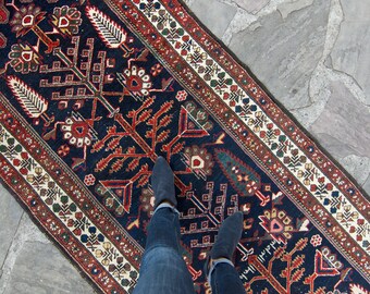 Antique Kurdish Rug 3’7” x 9’4.5” Tree of Life Design Flowers Vines Hand Woven Wool Low Pile Runner 1905 - FREE DOMESTIC SHIPPING