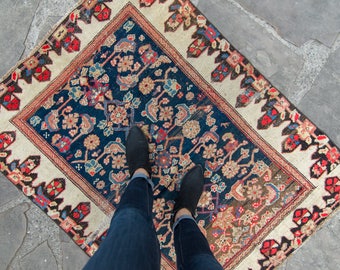 Antique 3’4” x 4'4" Small Caucasian Rug Floral Geometric Hand Knotted Wool Pile Rug 1920s - FREE DOMESTIC SHIPPING