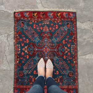 Antique 28 x 37 Zeikhur Rug Geometric Medallion Floral Design Ink Blue Brick Red Hand Knotted Pile Rug 1910s FREE DOMESTIC SHIPPING image 2