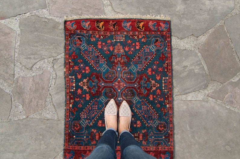 Antique 28 x 37 Zeikhur Rug Geometric Medallion Floral Design Ink Blue Brick Red Hand Knotted Pile Rug 1910s FREE DOMESTIC SHIPPING image 2