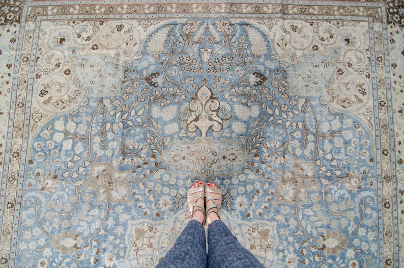 Antique 9'4 x 13'9 Hand Knotted Floral Medallion Beige Blue Rug Wool Low Pile Distressed Rug 1920s FREE DOMESTIC SHIPPING image 1