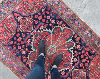 Antique Caucasus 4' x 6'5" Rug Red Colorful Floral Center Medallion Wool Rug 1910's - FREE DOMESTIC SHIPPING