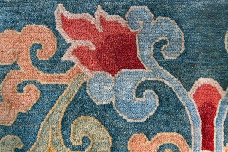 Antique 21 x 29 Tibetan Lotus Rug Botanical Hand Knotted Wool Pile Accent Rug 1920s Art Deco image 5