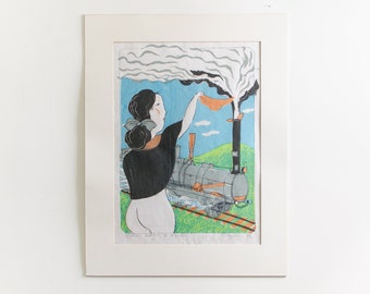 Vintage Listed Artist Mayumi Oda "Victorian Invention The Locomotive" Signed Hand-Pulled Serigraph Japanese Artist 1970s