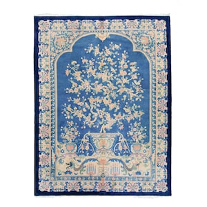 Antique 811 x 119 Chinese Art Deco Full Pile Tree of Life Floral Blues Hand Knotted Wool Pile Area Rug 1920s FREE DOMESTIC SHIPPING image 1