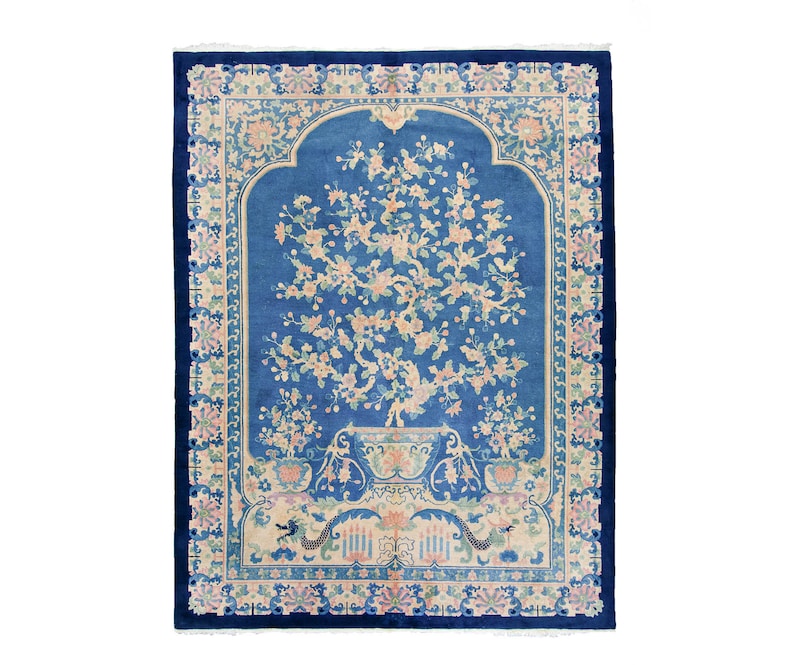 Antique 811 x 119 Chinese Art Deco Full Pile Tree of Life Floral Blues Hand Knotted Wool Pile Area Rug 1920s FREE DOMESTIC SHIPPING image 1