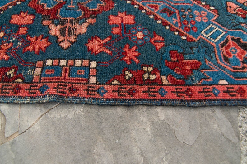 Antique 28 x 37 Zeikhur Rug Geometric Medallion Floral Design Ink Blue Brick Red Hand Knotted Pile Rug 1910s FREE DOMESTIC SHIPPING image 8