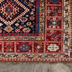 Antique 47 x 109 Wide Runner Geometric Botanical Design Red Navy Hand Knotted Wool Pile Rug 1890s FREE DOMESTIC SHIPPING image 6