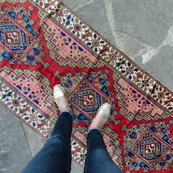 Vintage Anatolian 2’10” x 11’10” Rug Oushak Red Navy Handwoven Geometric Medallion Wool Oushak Large Runner 1960's - FREE DOMESTIC SHIPPING