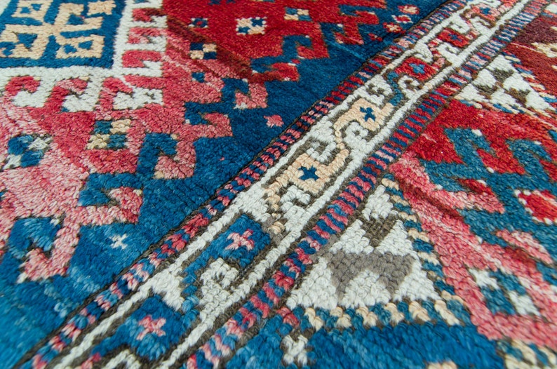 Antique 46 x 52 Rug Red Blue Çanakkale Geometric Small Area Accent Wool Hand-Knotted Rug 1910s FREE DOMESTIC SHIPPING image 8