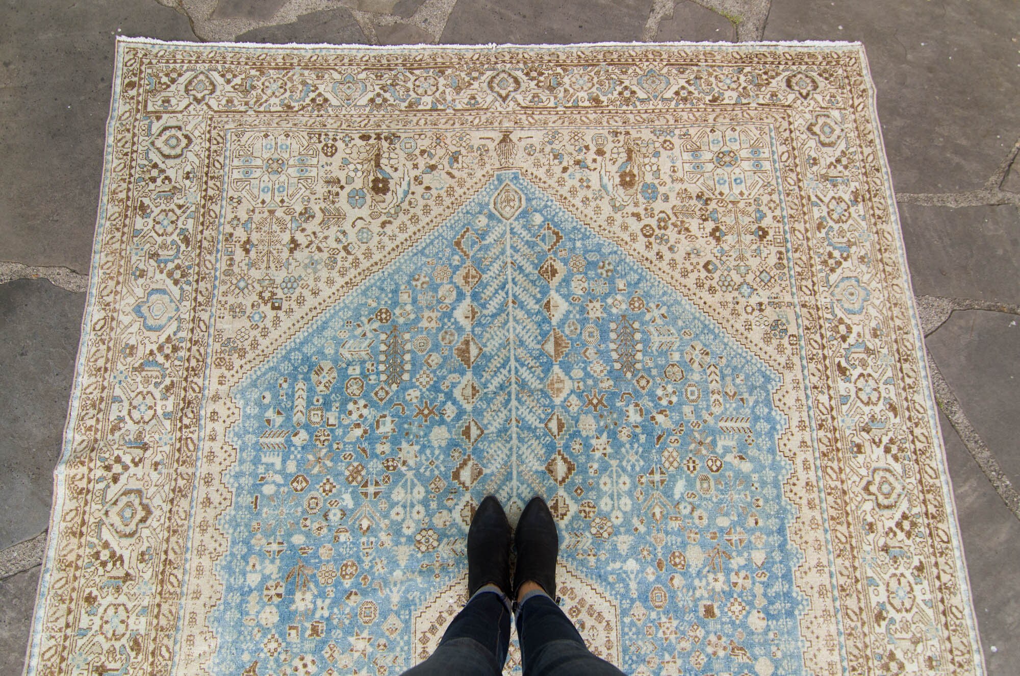 Vintage 6’8” X 9’11” Rug Geometric Design Champagne Blue Wool Pile Hand ...