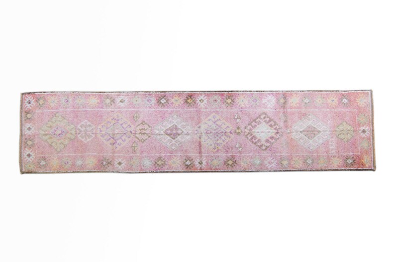 Vintage 210.5 x 126 Runner Hand Knotted Distressed Geometric Medallion Pink Wool Low Pile Runner FREE DOMESTIC SHIPPING image 2